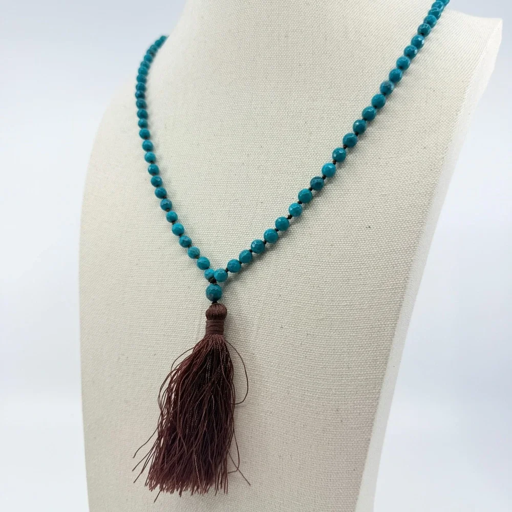 Necklace Vintage Bright Blue Stone‎ Knotted Mala Brown Tassel Boho Statement 90s